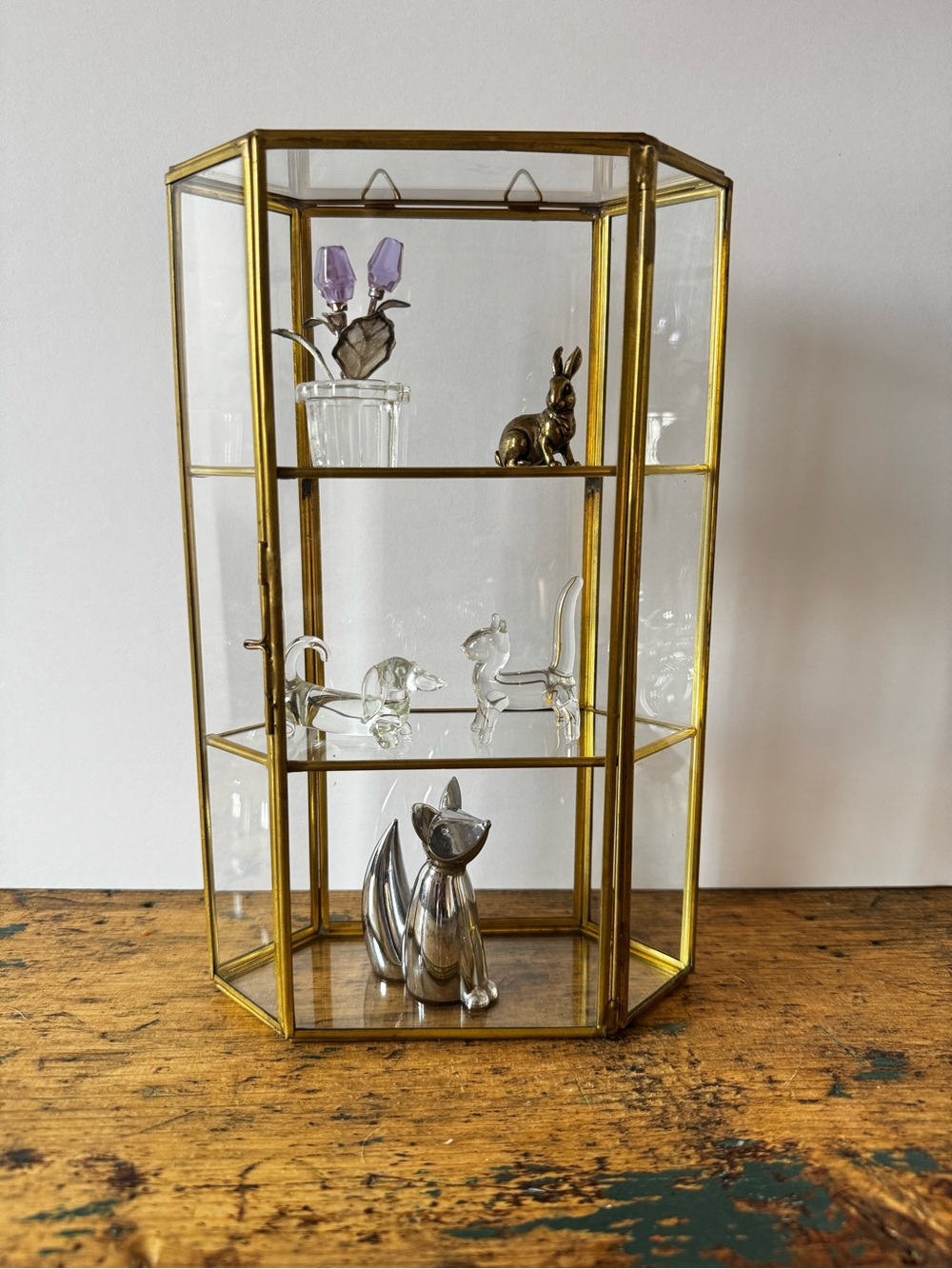 Brass and Glass Hexagonal Display Case with Shelves - Gold Finish